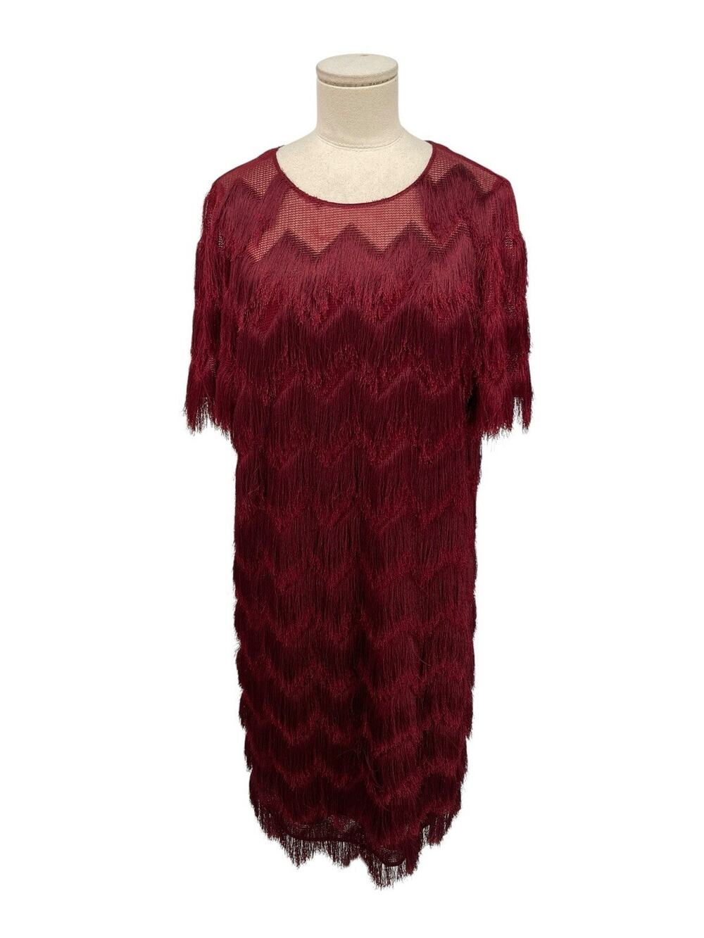 Akris Punto Layered Fringe Dress Zigzag Garnet Size 10